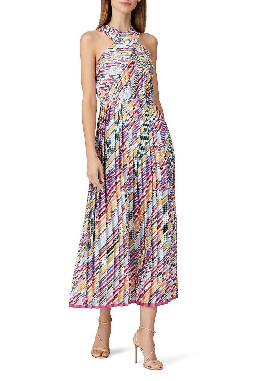 ML Monique Lhuillier colorful halter crossneck pleated striped midi dress 6